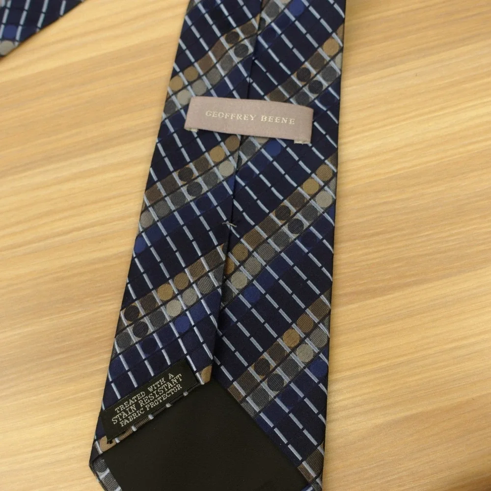 Navy Blue Silk Tie Mens Grid Plaid Dotted Classic Formal Office GEOFFREY BEENE
